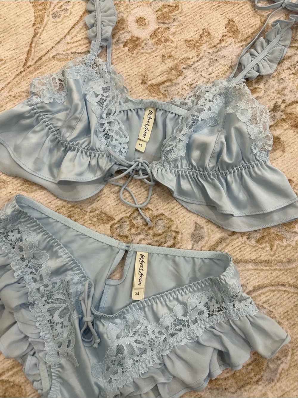 For Love and Lemons Light Blue Lace & Ruffle Satin Lingerie Set